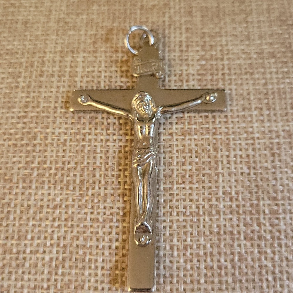 Vintage Catholic In Case of Accident Notify Priest Crucifix Pendant Size 2" Goth
